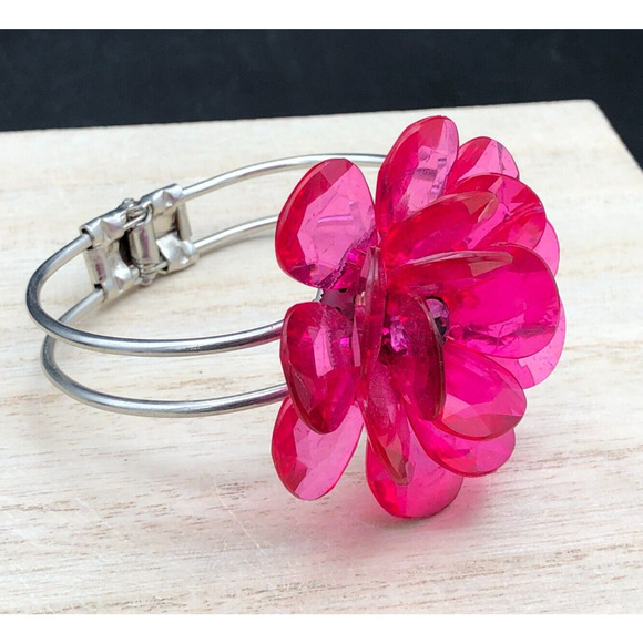Hot Pink Flower Bracelet Faceted Transparent Acrylic Lucite Rose Crystal Clamper - Picture 2 of 10